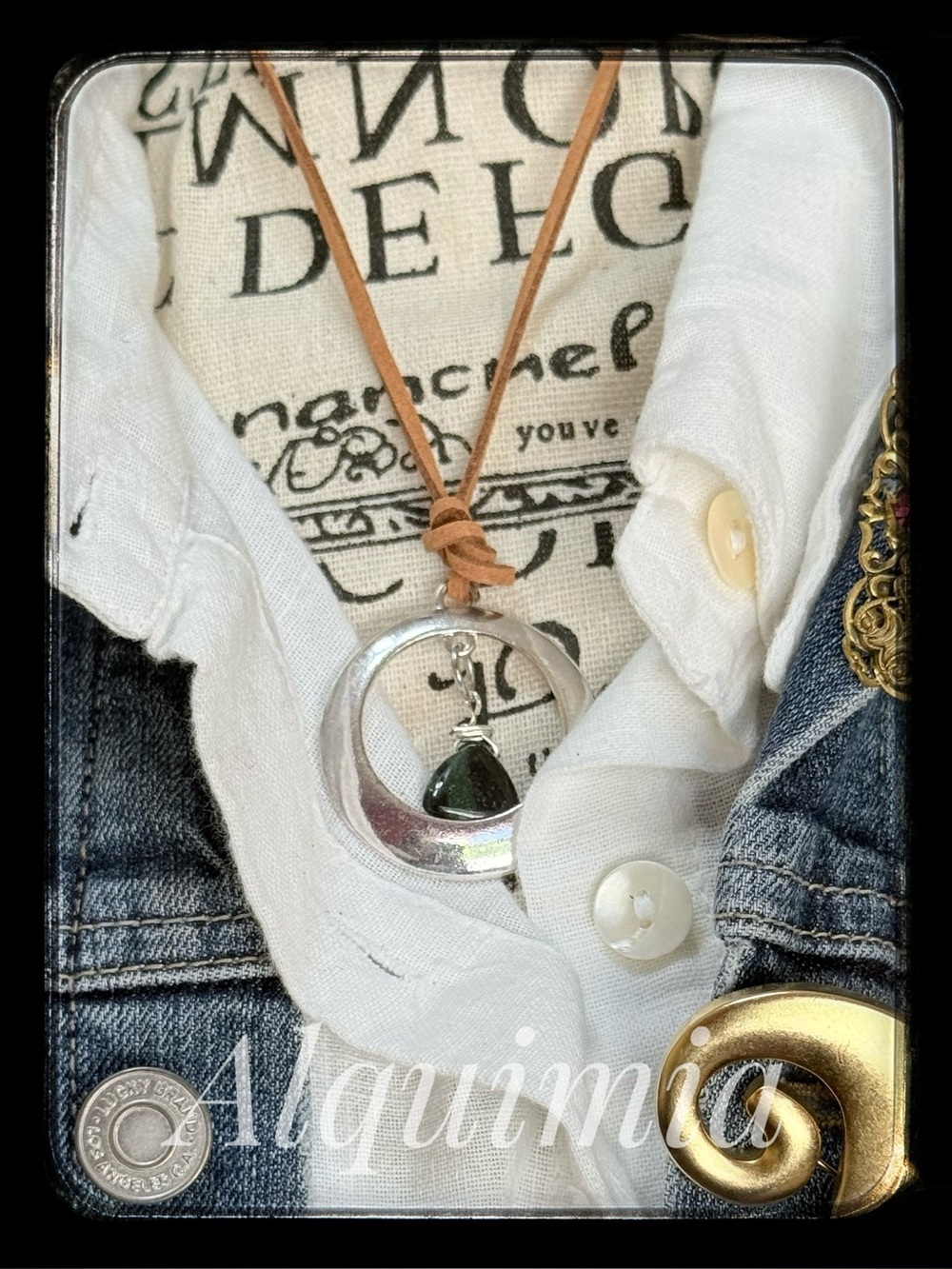 MOSS AGATE PENDANT NECKLACE + silver and suede